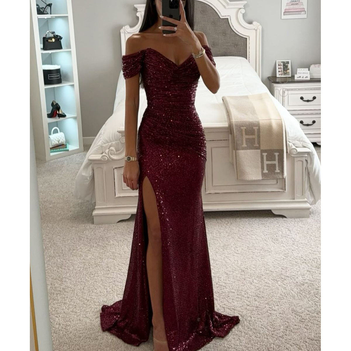Alixane | Robe Longue Femme Fendue Épaules Dénudées Brillante Élégante Soirée