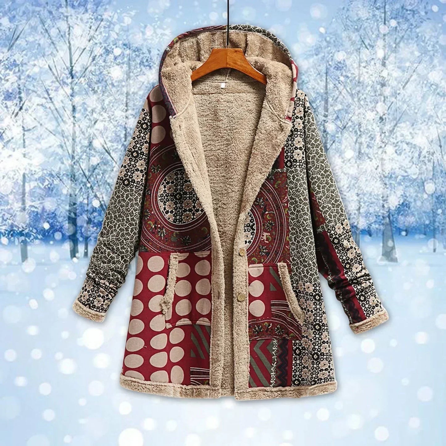 Simone | Veste Femme Patchwork Multicolore à Capuche avec Doublure Polaire Chaude