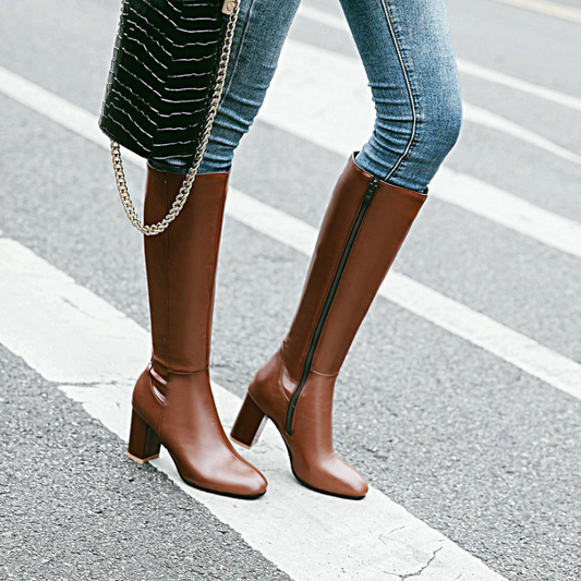 Cadenne | Bottes Hautes Femme Classiques avec Talon Bloc et Fermeture Éclair Latérale
