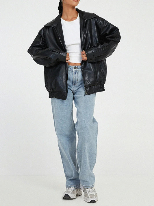 Vespera | Veste Bomber Oversize Femme en Similicuir avec Fermeture Éclair