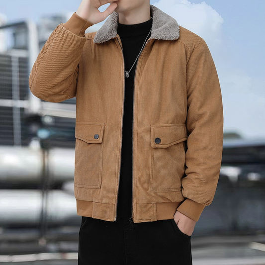 Henvar | Blouson Bomber Homme en Velours Côtelé, Col Sherpa, Doublure Chaude, Coupe Relax et Finitions Côtelées