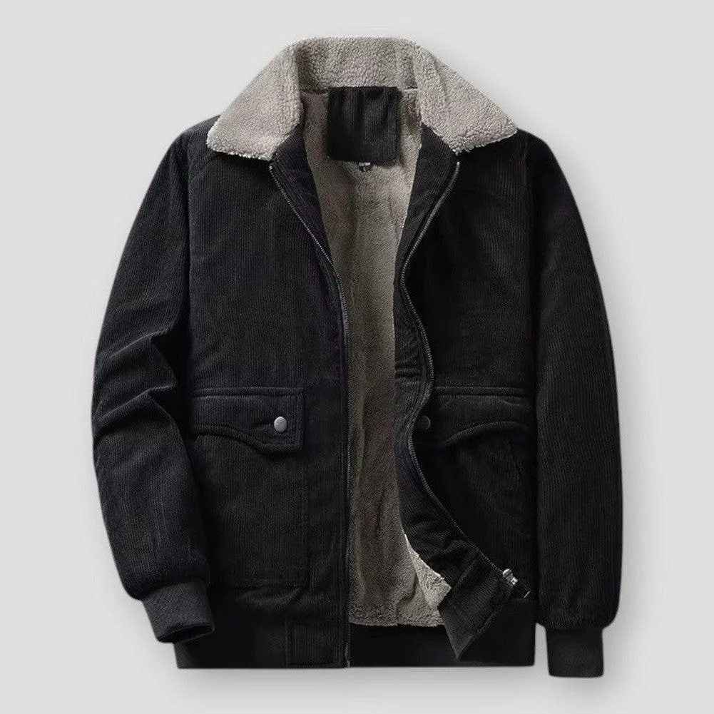 Henvar | Blouson Bomber Homme en Velours Côtelé, Col Sherpa, Doublure Chaude, Coupe Relax et Finitions Côtelées