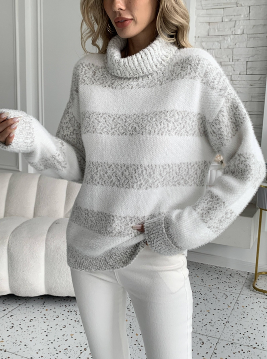 Christine | Pull Femme Col Roulé Loose Fit à Rayures Bicolores Doux et Confortable