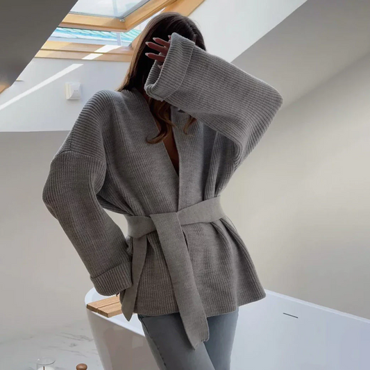 Liliane | Cardigan Femme Relaxed Fit Cache-Cœur en Maille Côtelée avec Ceinture à Nouer
