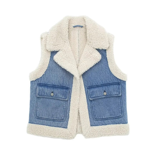 Perla | Blazer Sans Manches en Jean Patchwork avec Poches et Doublure en Fleece pour Femme