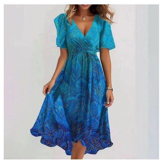 Eméline | Robe Midi Fleurie Femme en Chiffon, Col V Plongeant et Taille Cintrée