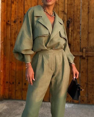 Anneline | Ensemble Femme Vert Élégant Col Revers & Manches Bouffantes avec Pantalon Taille Haute