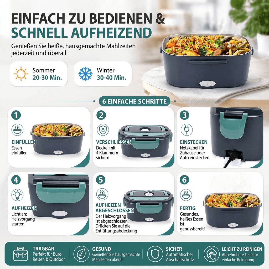 WarmBento™ | Elektrische Lunchbox mit Edelstahl-Innenbehälter und Heizfunktion