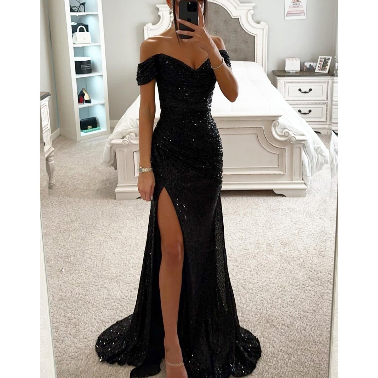 Alixane | Robe Longue Femme Fendue Épaules Dénudées Brillante Élégante Soirée