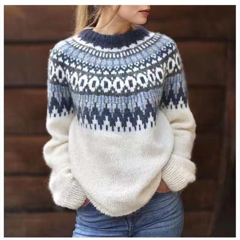 Pull Femme Col Rond | Tricot Chaud à Motif Hivernal