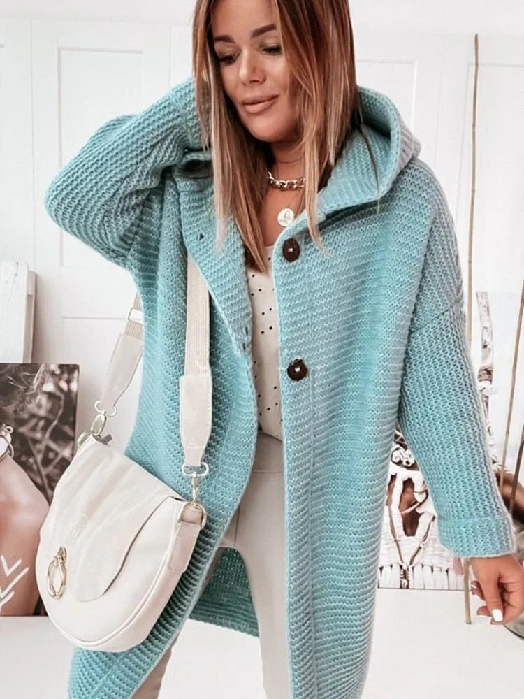 Cardigan Femme à Capuche | Tricot Long avec Boutons Chaud et Stylé