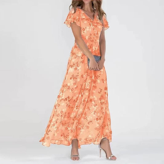 Océana | Robe Maxi à Volants Florale en Chiffon – Élégante et Aérée avec Col V pour Femme