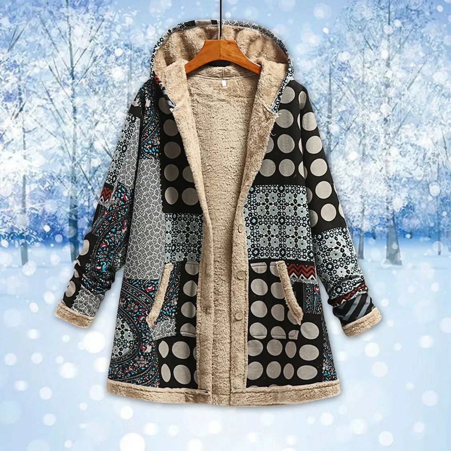 Simone | Veste Femme Patchwork Multicolore à Capuche avec Doublure Polaire Chaude