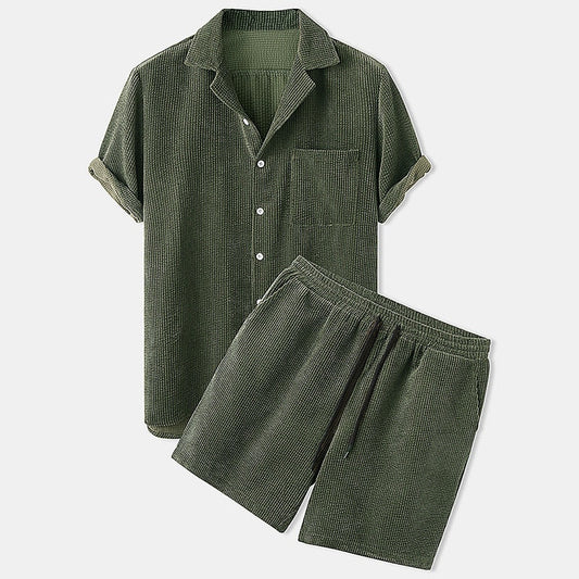 Osbert | Set Homme Été : Chemise Boutonnée à Col Revers Manches Courtes & Shorts à Taille Élastique avec Cordon