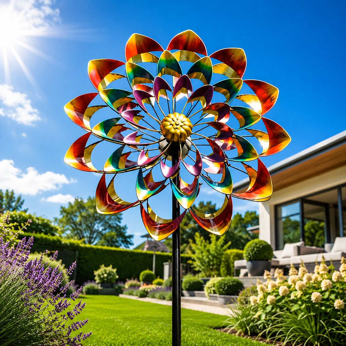 BlütenRotor™ | Metall-Gartenwindrad mit Erdspieß als dekorativer Blickfang