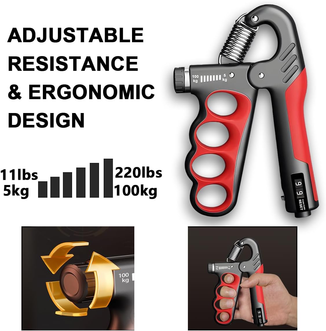 GripForge™ | Einstellbarer Handtrainer bis 100 kg mit Wiederholungszähler