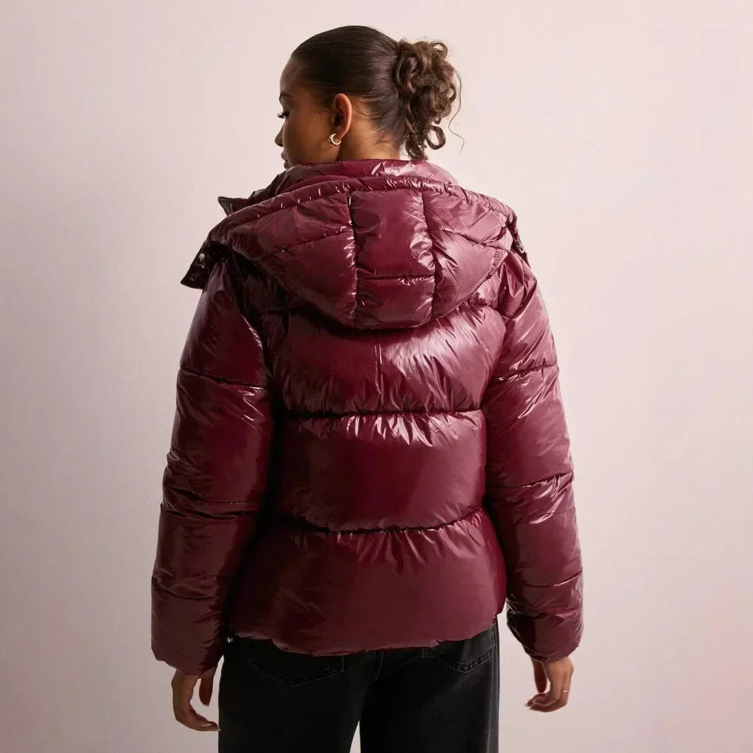Shiny Puffer Jacket Femme | Veste Courte Brillante avec Capuche