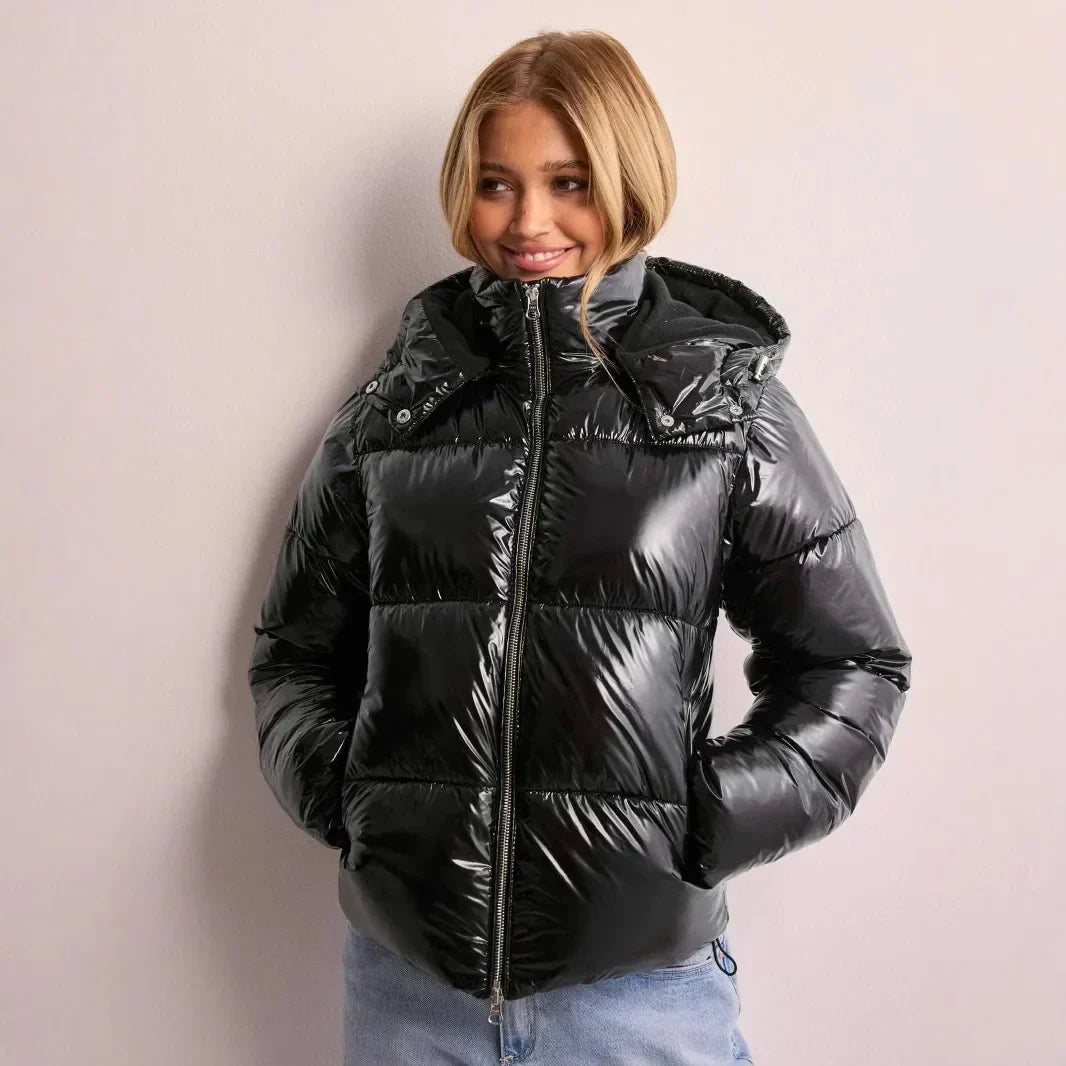 Shiny Puffer Jacket Femme | Veste Courte Brillante avec Capuche