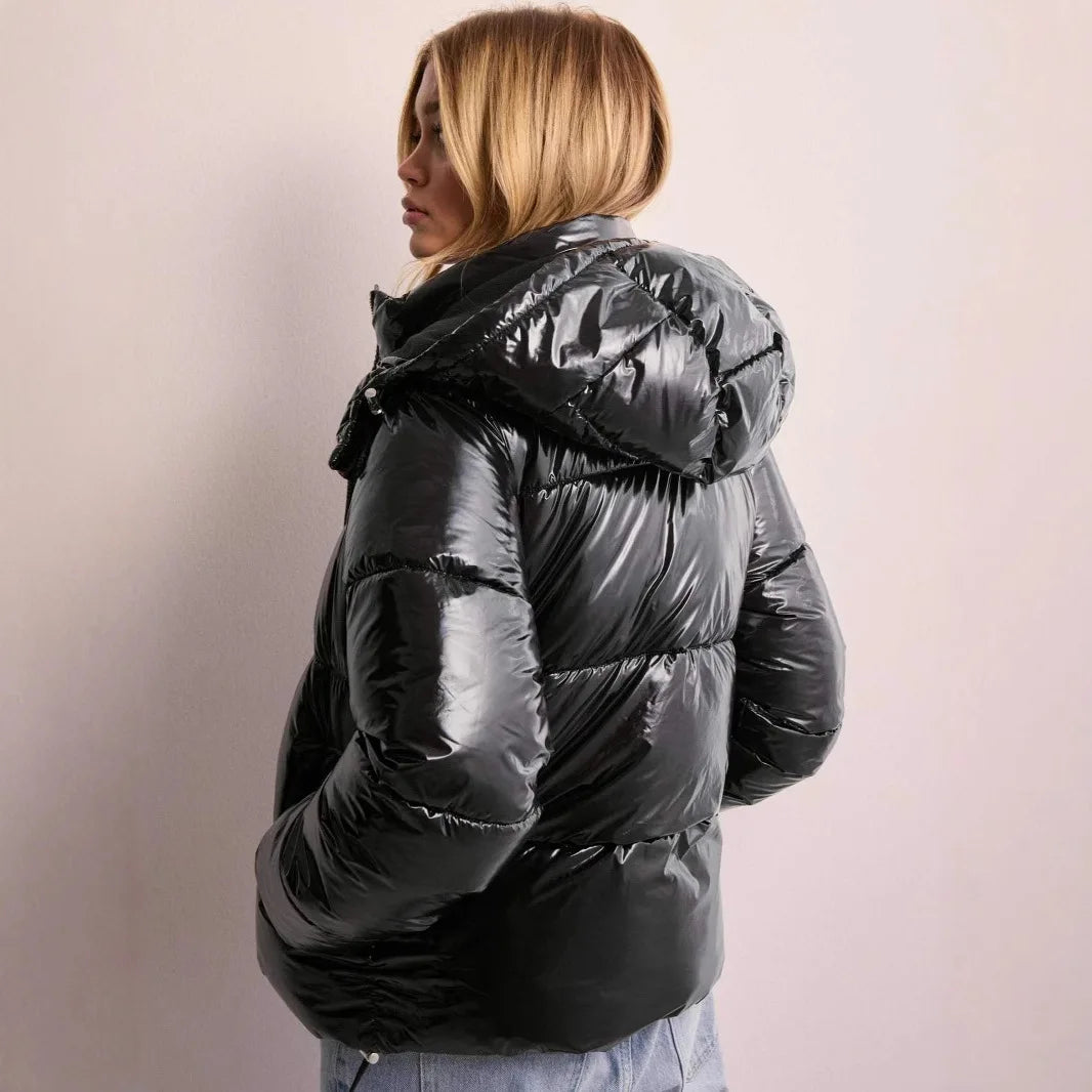 Shiny Puffer Jacket Femme | Veste Courte Brillante avec Capuche
