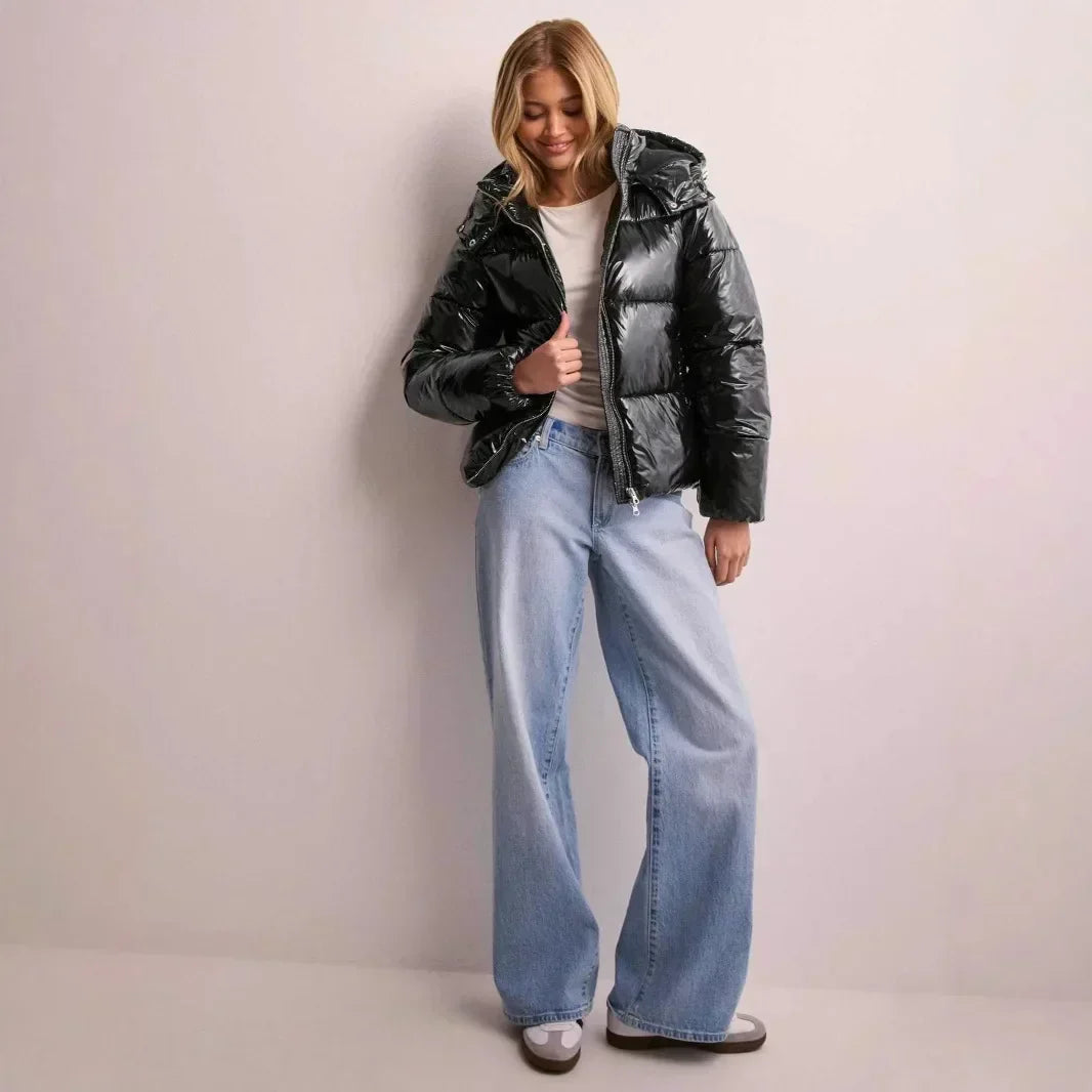 Shiny Puffer Jacket Femme | Veste Courte Brillante avec Capuche