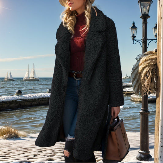Eustelle | Manteau Femme Mi-Long Relaxed Fit, Texture Teddy Douce, Ouverture Frontale