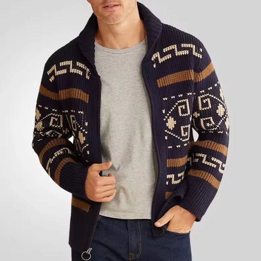 Oakmere – Gilet Homme en Laine Mélangée à Motif Tribal, Coupe Regular avec Fermeture Zippée et Col Revers