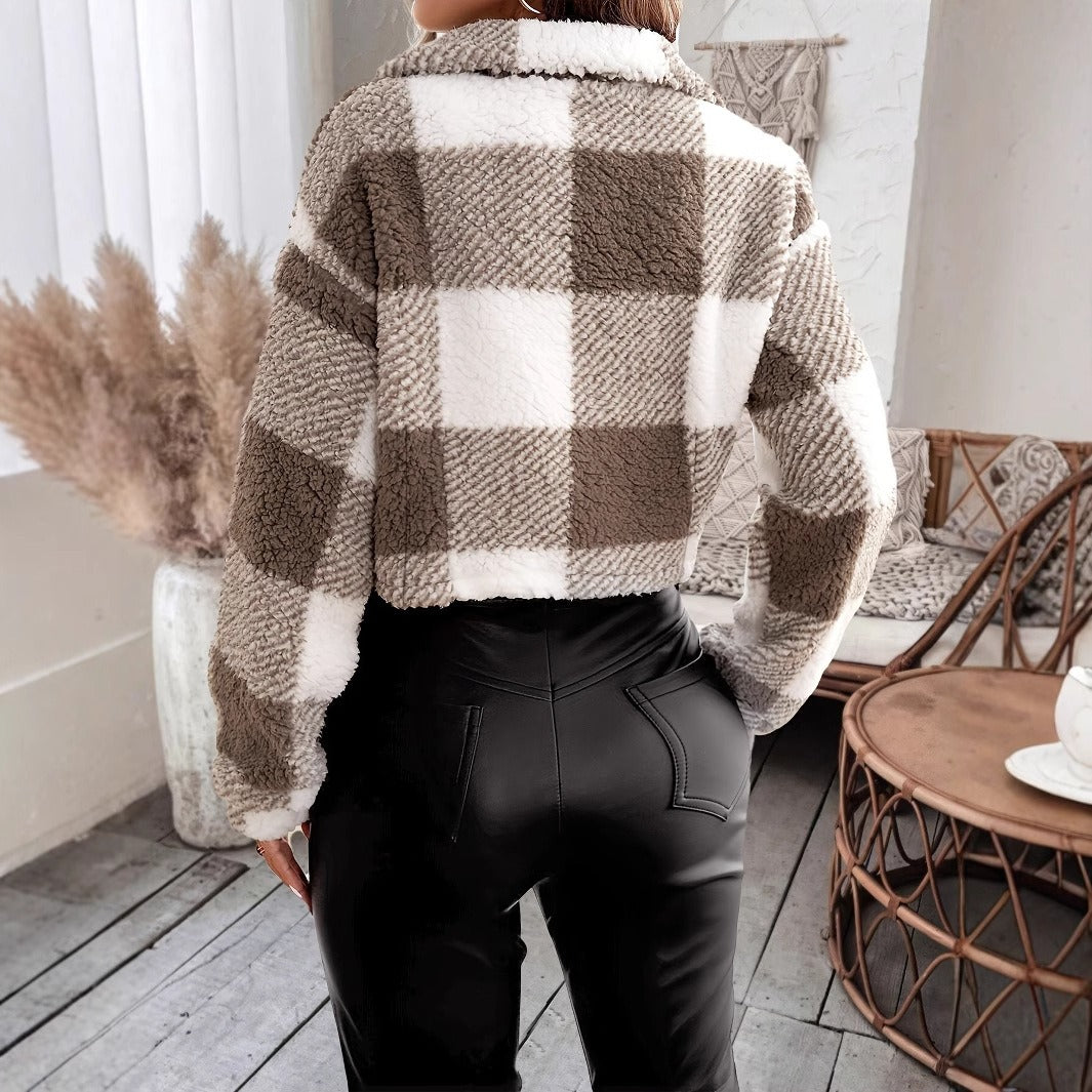 Gigi – Veste Femme Cropped à Carreaux, Coupe Boxy en Fausse Fourrure Sherpa avec Fermeture Zippée