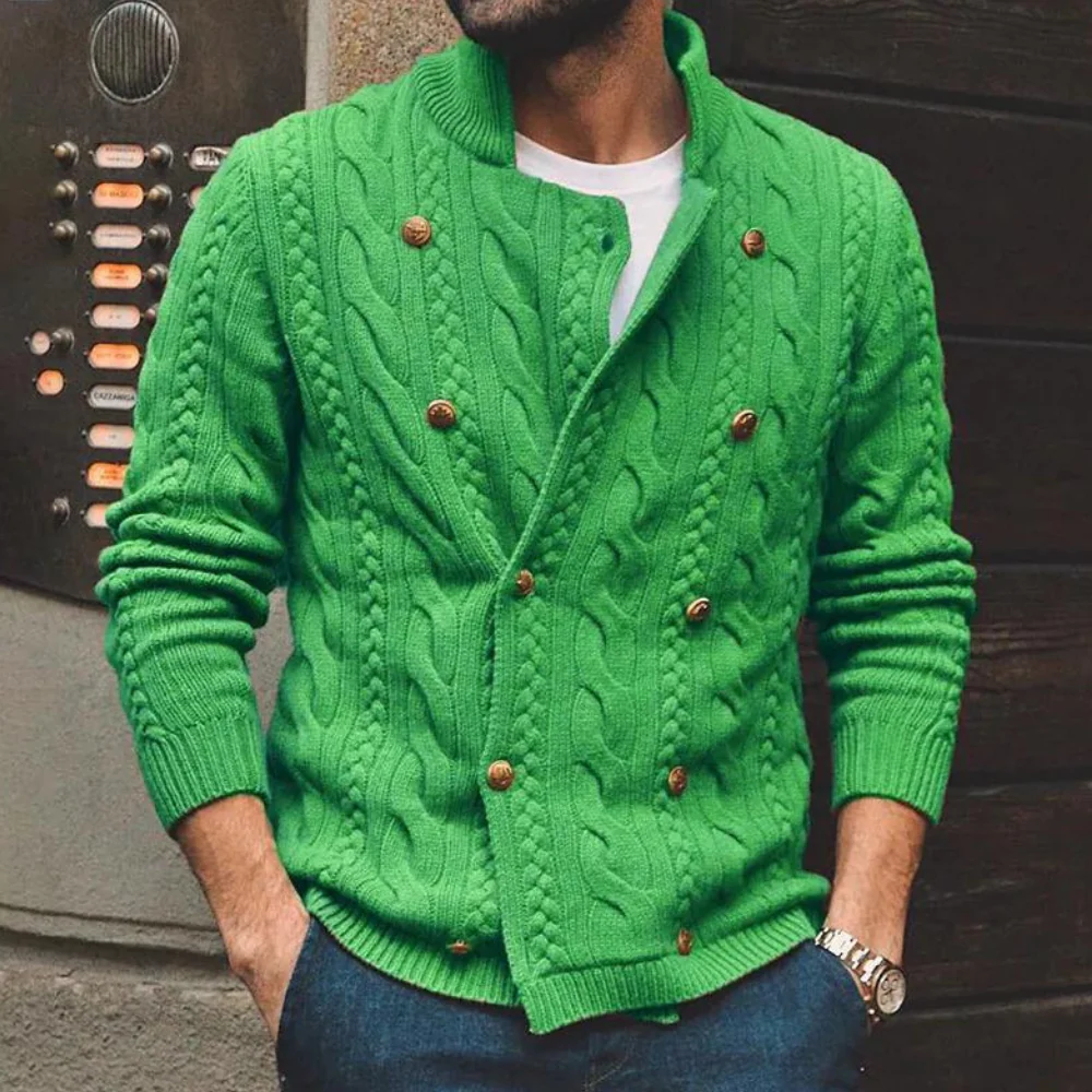 Cesarion | Cardigan Homme Laine Tricot Câble, Double Rangée Boutons & Bords Côtelés
