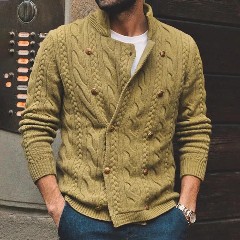 Cesarion | Cardigan Homme Laine Tricot Câble, Double Rangée Boutons & Bords Côtelés