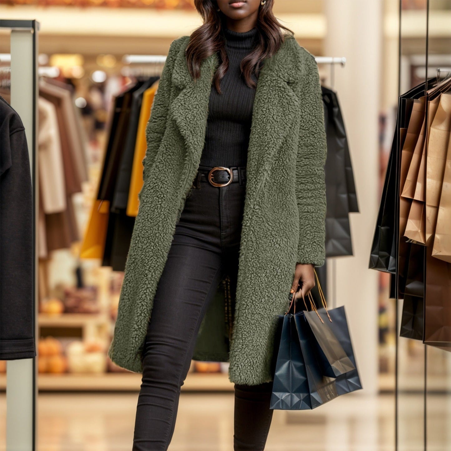 Eustelle | Manteau Femme Mi-Long Relaxed Fit, Texture Teddy Douce, Ouverture Frontale