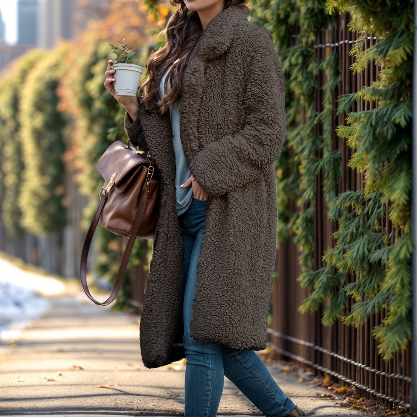 Eustelle | Manteau Femme Mi-Long Relaxed Fit, Texture Teddy Douce, Ouverture Frontale