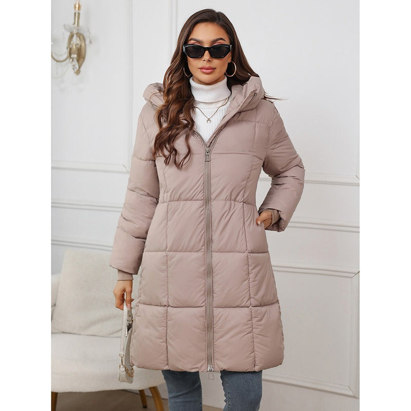 Claudette | Manteau Femme Matelassé Mi-Long Slim Fit avec Capuche et Fermeture Éclair Intégrale