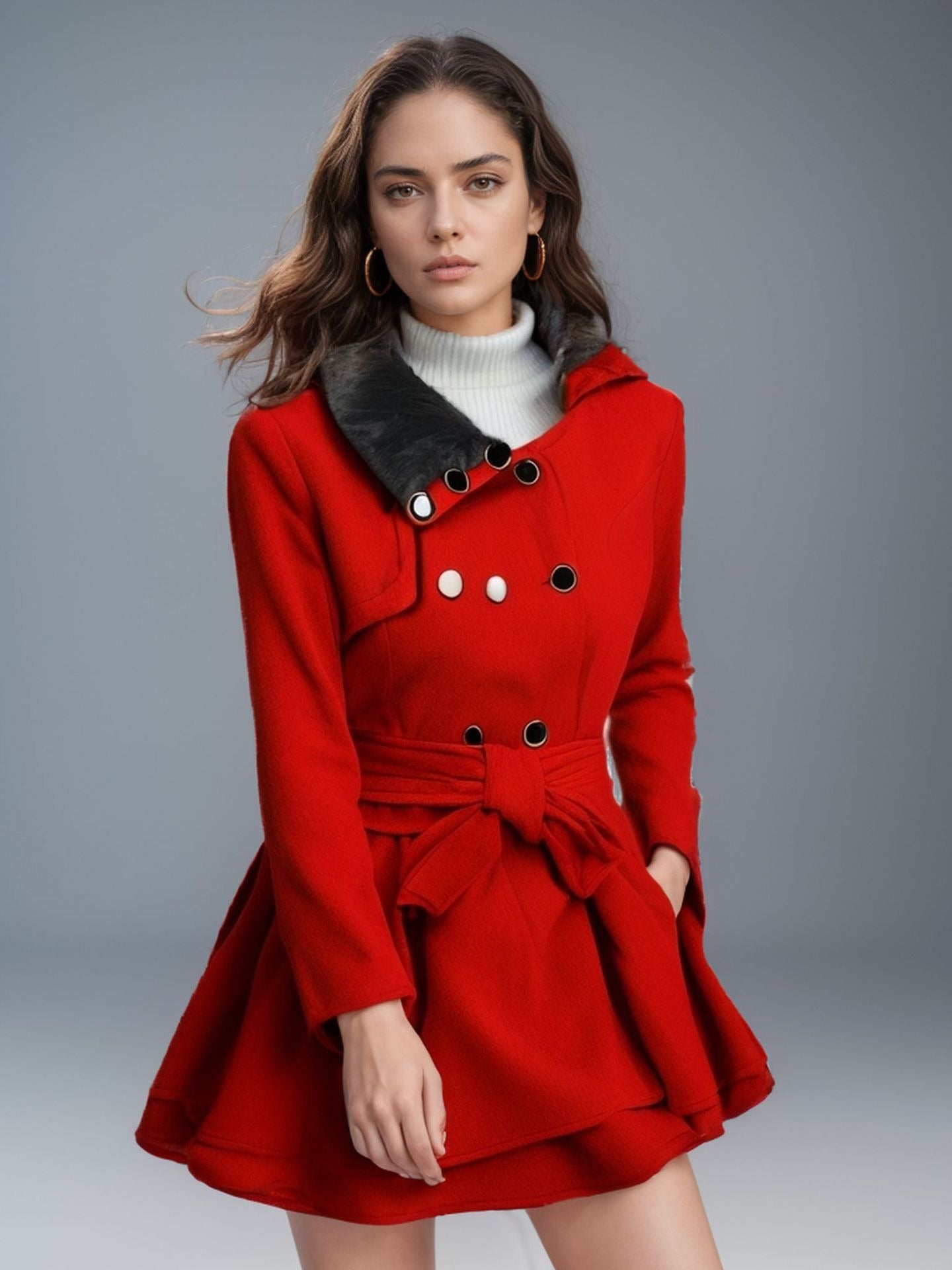 Estelle | Trench Coat Femme Élégant Hiver, Coupe Slim, Ceinture, Col Fourrure Synthétique, Silhouette Évasée