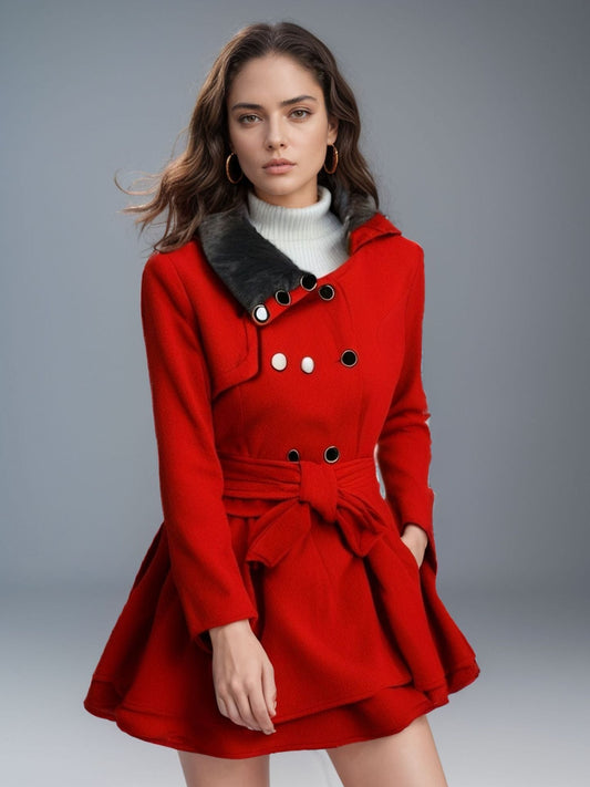 Estelle | Trench Coat Femme Élégant Hiver, Coupe Slim, Ceinture, Col Fourrure Synthétique, Silhouette Évasée