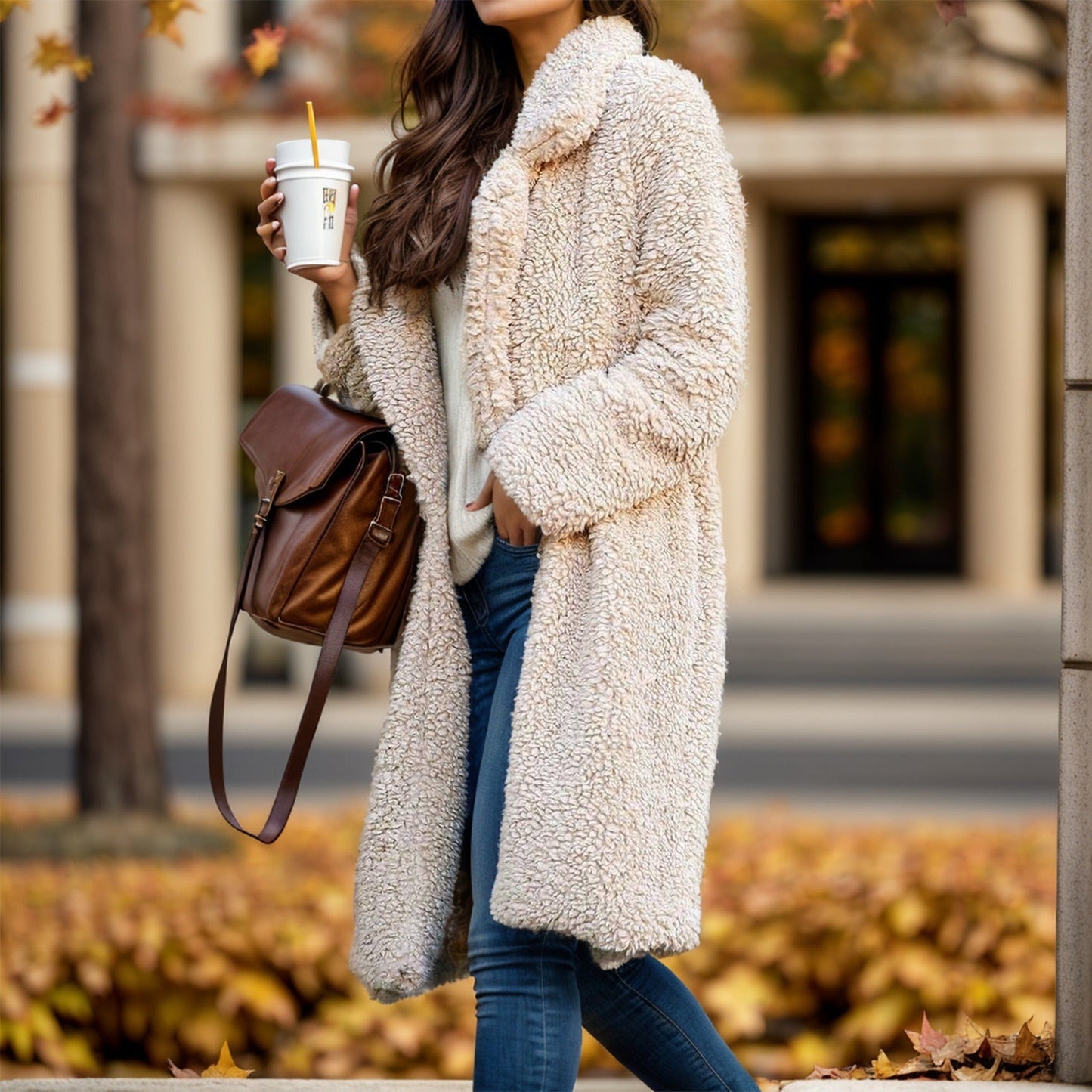 Eustelle | Manteau Femme Mi-Long Relaxed Fit, Texture Teddy Douce, Ouverture Frontale