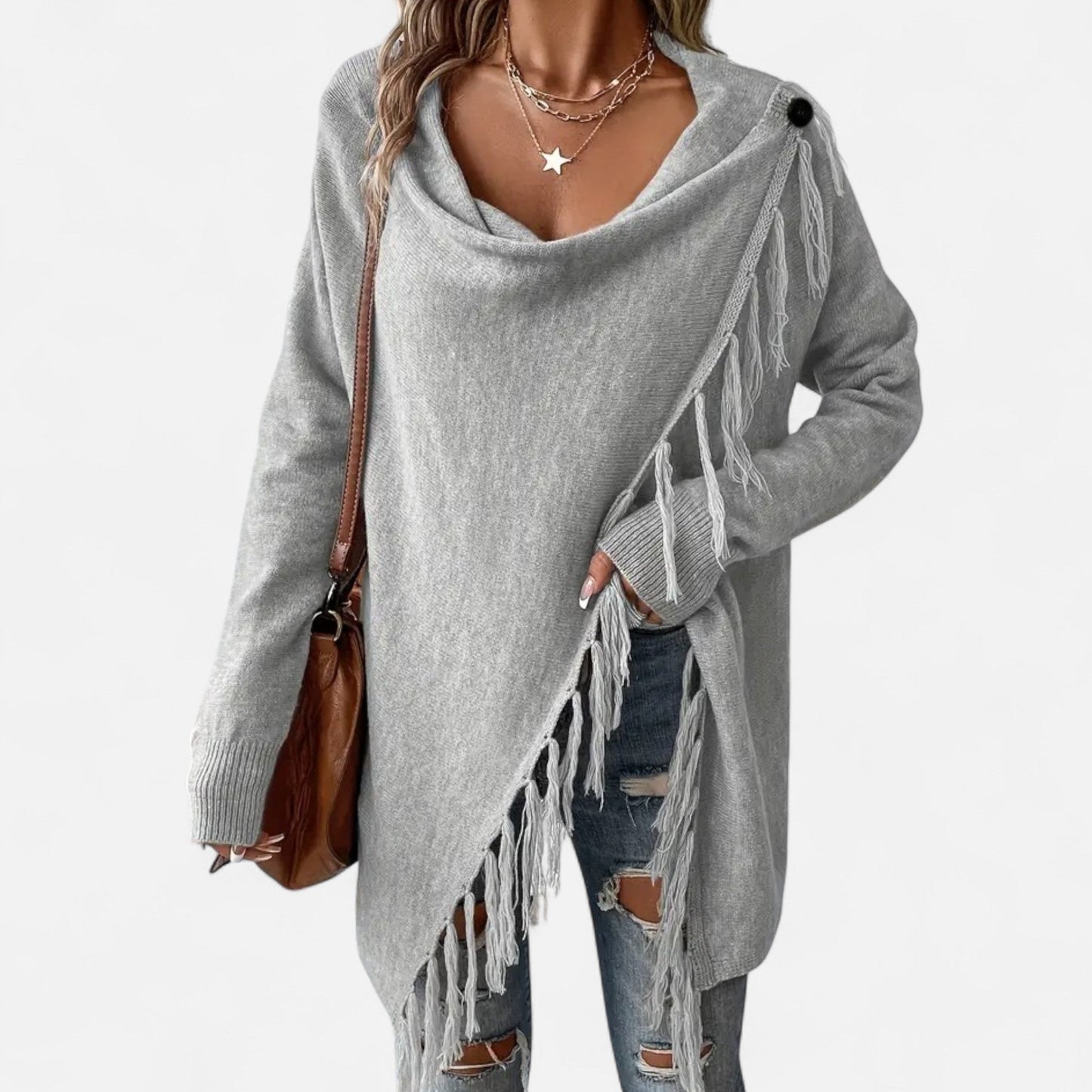 Janisse | Pull Femme à Col Drapé avec Franges et Pampilles Couleur Unie