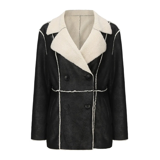 Jehanne | Manteau Femme Hiver Imitation Daim, Col à Revers, Mi-Long, Double Boutonnage & Doublure Chaude Sherpa