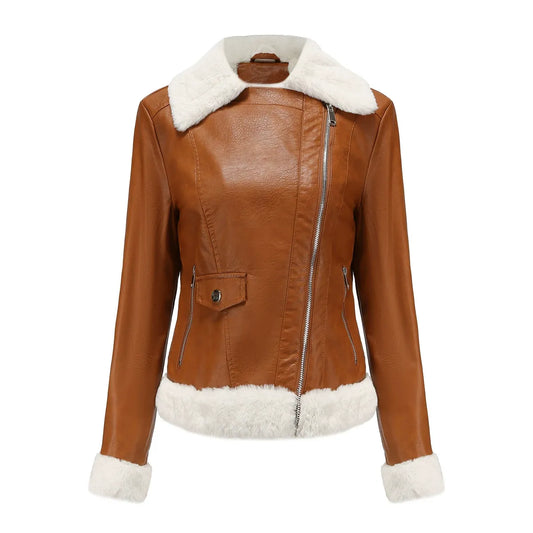 Jeanne | Veste Femme Imitation Cuir avec Doublure Fourrure, Zip Asymétrique & Coupe Cintrée