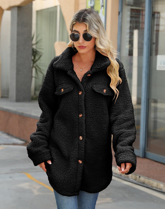 Garance | Shacket Femme Oversized en Teddy Fleece Poches Patch Long