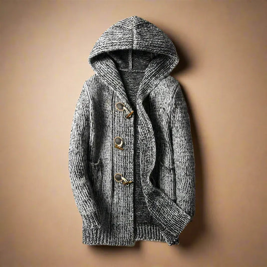 Gregor | Cardigan Homme Long à Capuche Tricoté Fermeture à Boutons Bois Poches