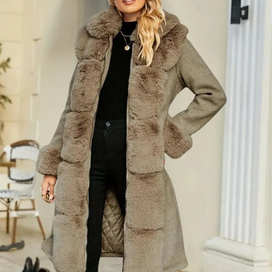 Ghislaine | Trench Coat Femme Laine Mélangée avec Ceinture, Doublure Matelassée et Col en Fausse Fourrure