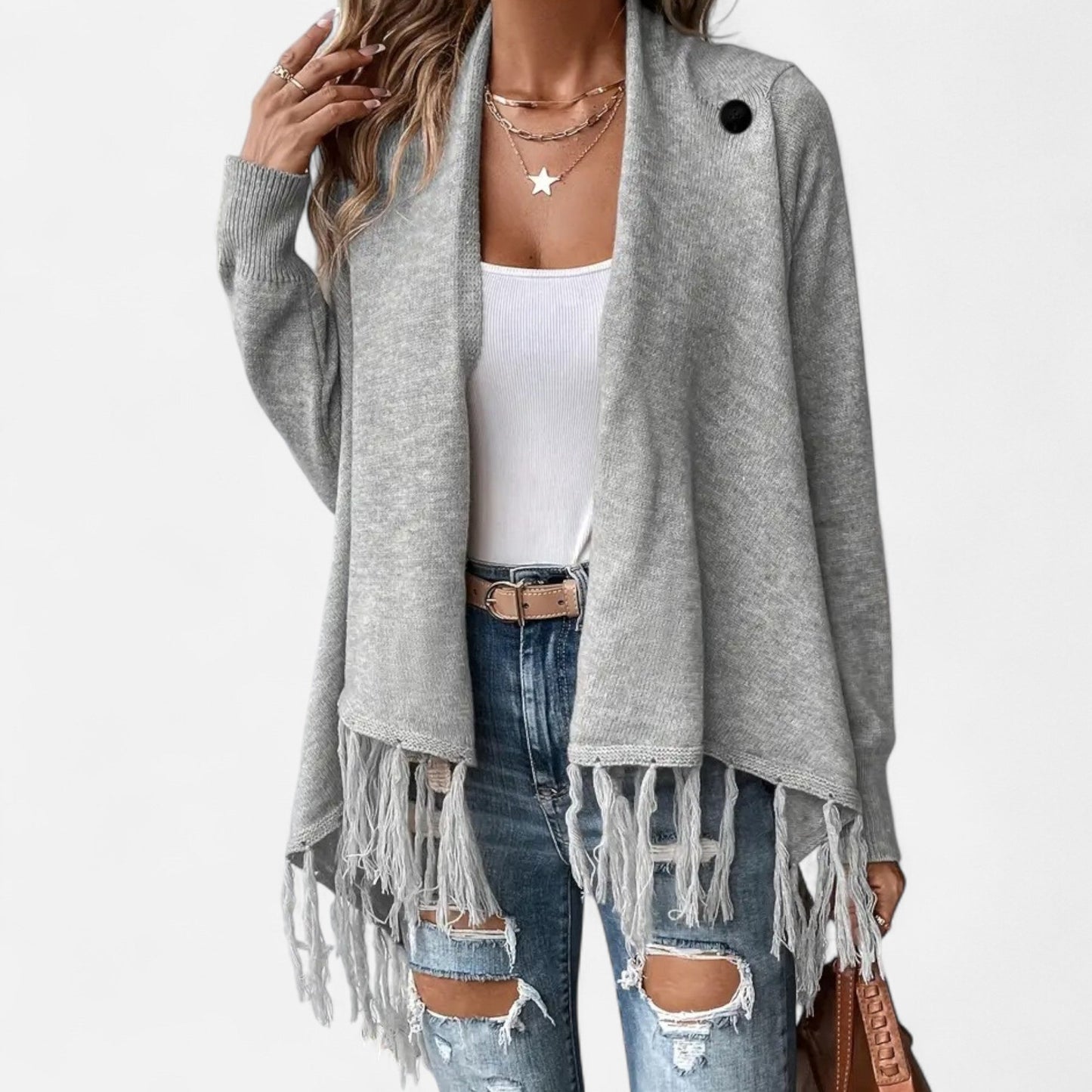 Janisse | Pull Femme à Col Drapé avec Franges et Pampilles Couleur Unie