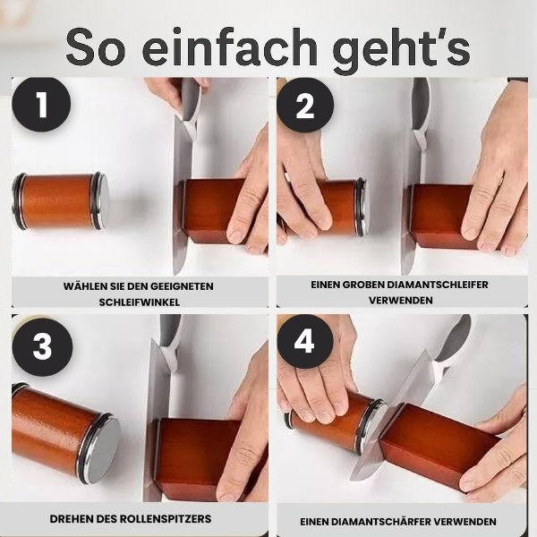 SharpRoll™ | Rollender Messerschärfer mit Diamantschleifscheiben und Massivholz