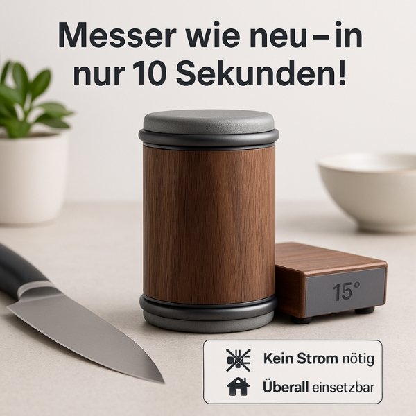 SharpRoll™ | Rollender Messerschärfer mit Diamantschleifscheiben und Massivholz