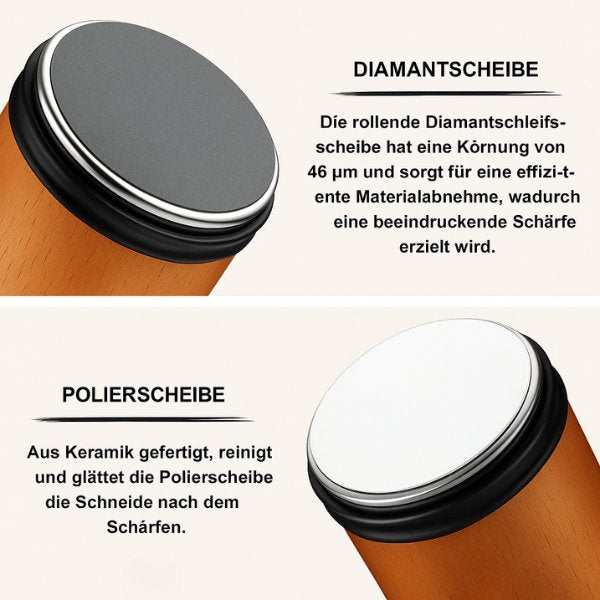 SharpRoll™ | Rollender Messerschärfer mit Diamantschleifscheiben und Massivholz
