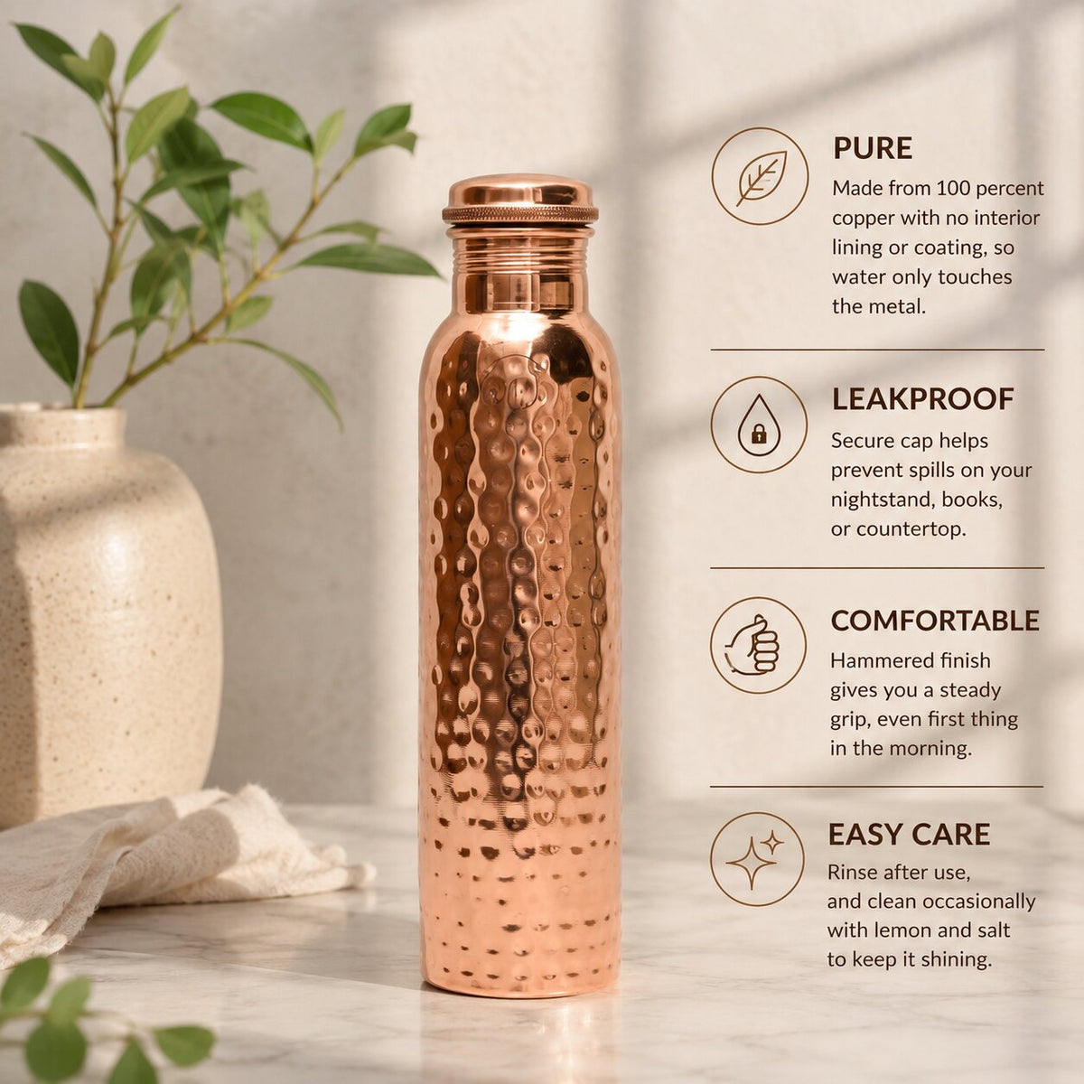 KupferVeda™ | 800-ml-Kupfer-Trinkflasche mit gehämmerter Oberfläche