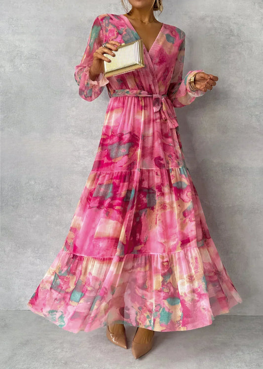 Capucine | Robe d’Été Femme Dégradé Rose – Manches Longues – Élégante & Fluide – Col en V Ceinturé