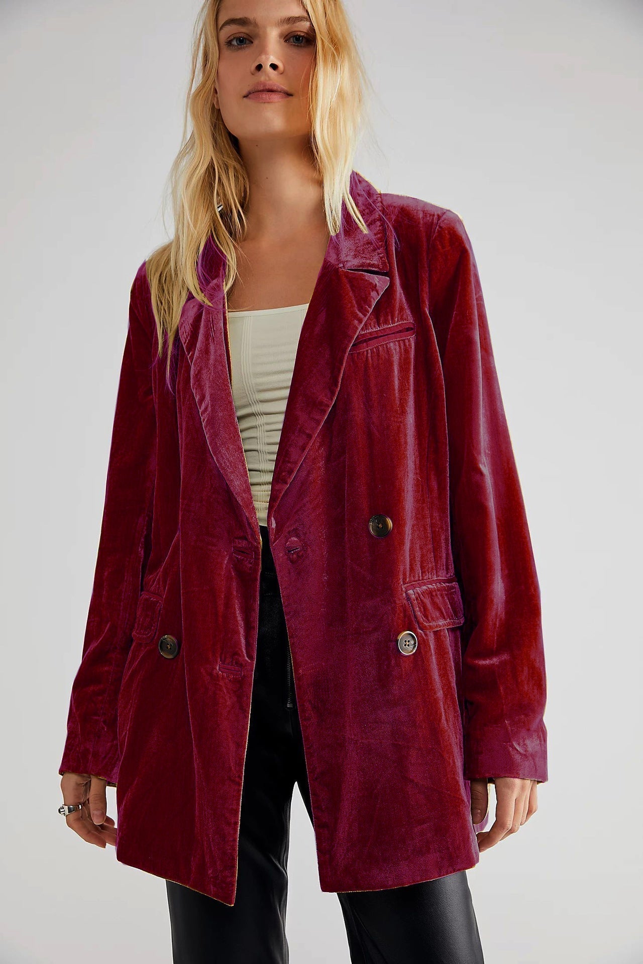 Colombera | Blazer femme velours couleur unie col classique à boutons croisés