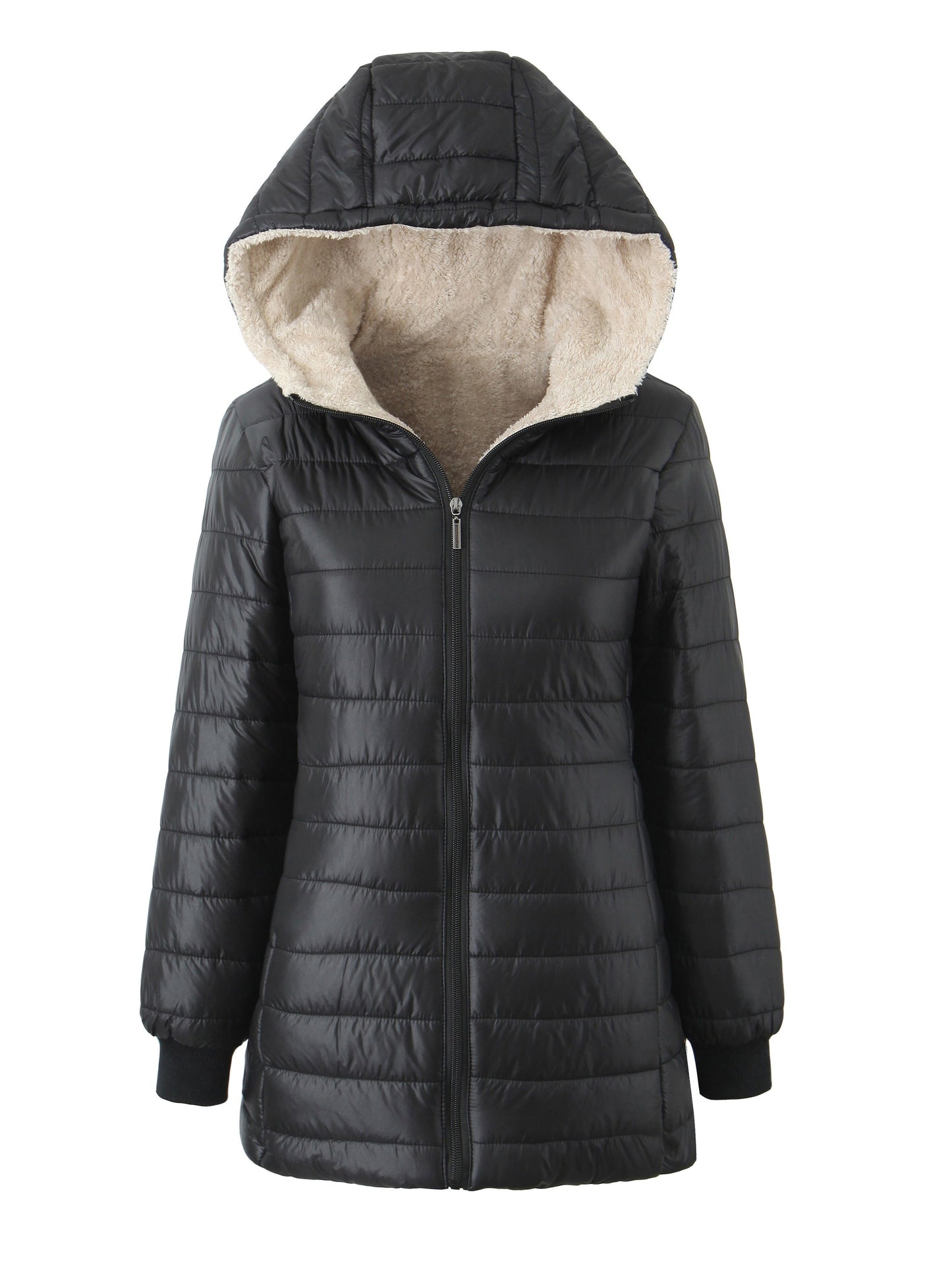 Vienna-Rose | Veste Matelassée Femme Noire à Capuche, Fermeture Zippée et Doublure Polaire Chaude