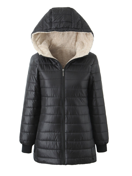 Vienna-Rose | Veste Matelassée Femme Noire à Capuche, Fermeture Zippée et Doublure Polaire Chaude